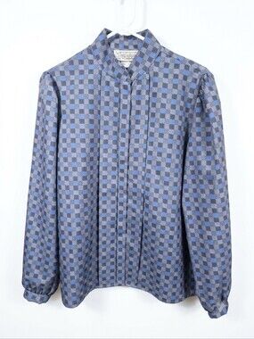 VTG 70s/80s Blouse Lady Arrow Ascot Collection Checkered High Neck Grey Sz 16